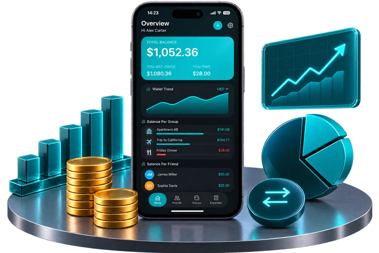 Jafinity Wallet on iPhone showing the total balance, the wallet trend chart and balances per group and per friend