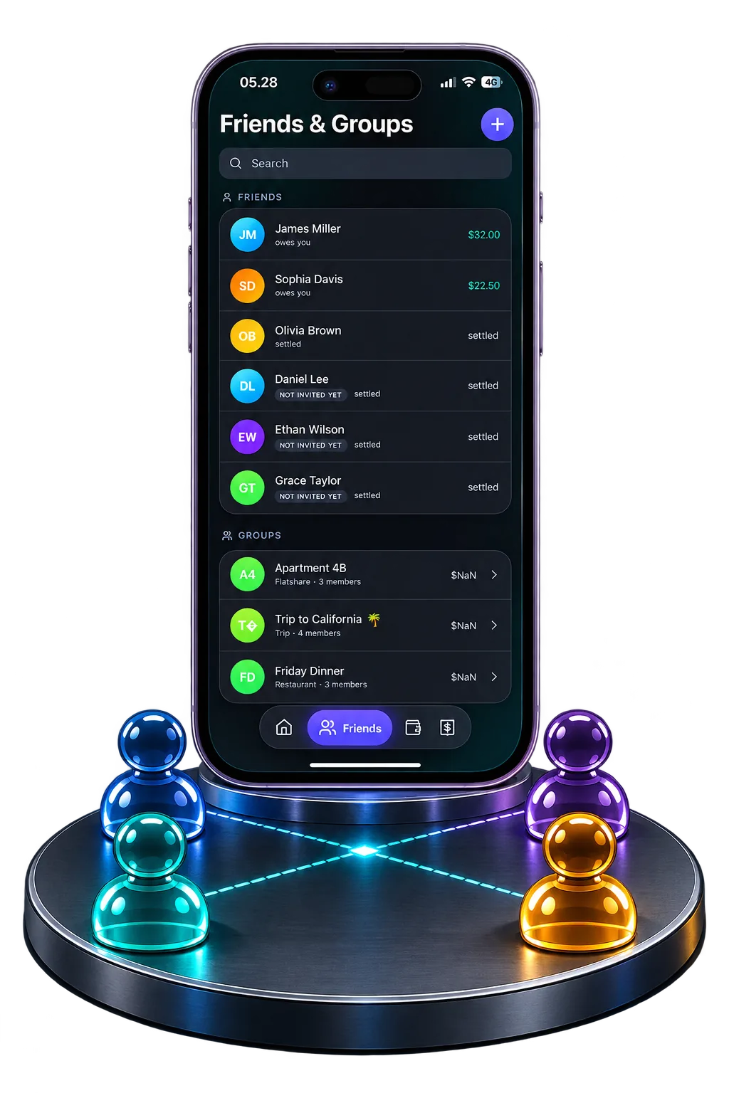 The Friends & Groups screen in Jafinity Wallet, listing individual friend balances above the groups Apartment, Trip and Dinner