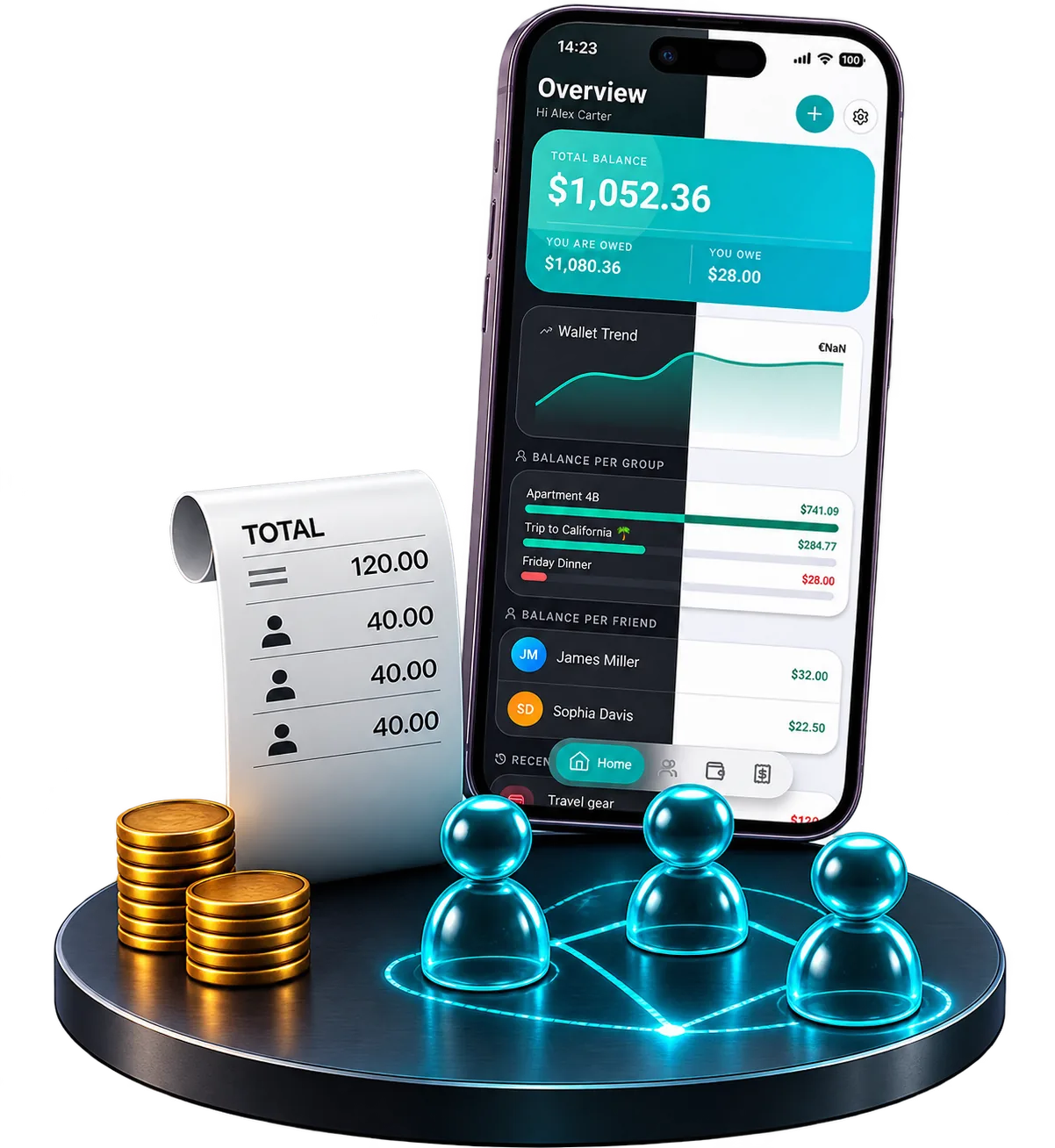 Jafinity Wallet on iPhone showing the total balance, the wallet trend chart and balances per group and per friend